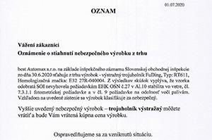 Oznam o stiahnutí výrobku trojuholník 2539